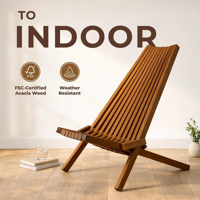 Alt view image 5 of 7 - FSC Certified Acacia Wooden Folding Adirondack Chairs, Low-Profile Tamarack Chair for Patio, Porch, Pool & Garden - Chestnut - Single