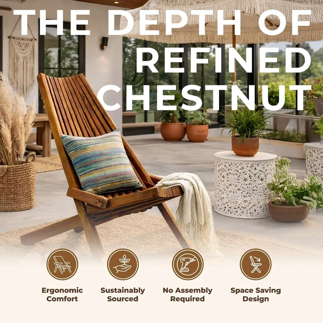 Alt view image 4 of 7 - FSC Certified Acacia Wooden Folding Adirondack Chairs, Low-Profile Tamarack Chair for Patio, Porch, Pool & Garden - Chestnut - Single