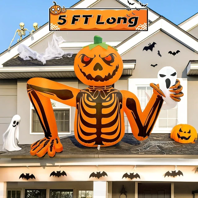 Alt view image 4 of 7 - 5FT Halloween Pumpkin Inflatable Skeleton with LED Light for Yard & Garden
