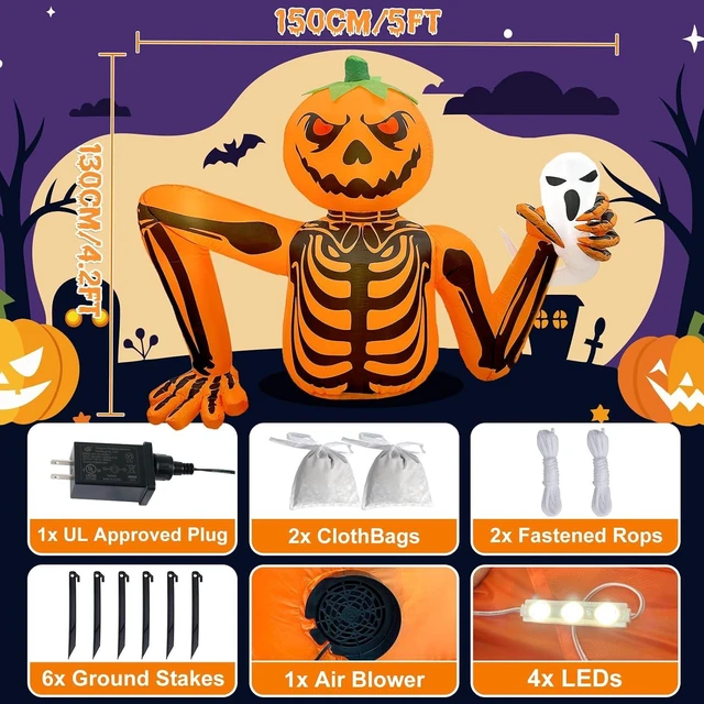 Alt view image 5 of 7 - 5FT Halloween Pumpkin Inflatable Skeleton with LED Light for Yard & Garden