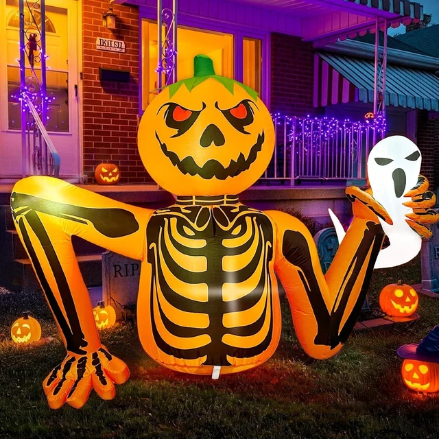 Alt view image 7 of 7 - 5FT Halloween Pumpkin Inflatable Skeleton with LED Light for Yard & Garden