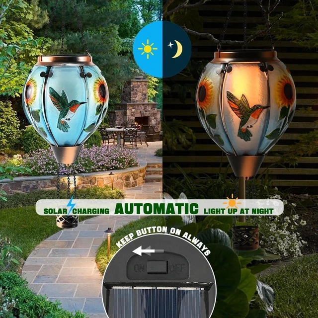 Alt view image 3 of 6 - Hot Air Balloon Solar Lantern, Hummingbird Glass with Flickering & Dancing Flame, IP65 Waterproof Hanging Sunflower Yard Light for Patio, Lawn & Porch