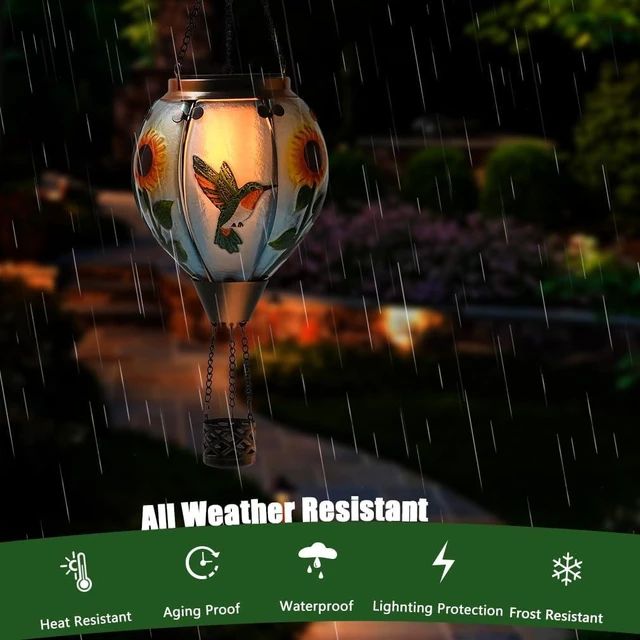 Alt view image 4 of 6 - Hot Air Balloon Solar Lantern, Hummingbird Glass with Flickering & Dancing Flame, IP65 Waterproof Hanging Sunflower Yard Light for Patio, Lawn & Porch