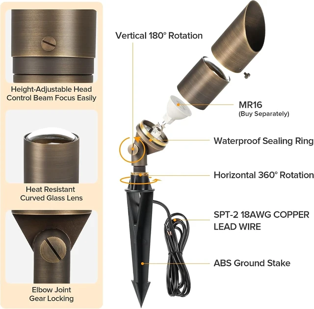 Alt view image 3 of 7 - Solid Brass 12V Low Voltage Landscape Spotlights, Waterproof Adjustable Bronze Uplights for Garden, Yard, Pathway & Tree, 4 Pack