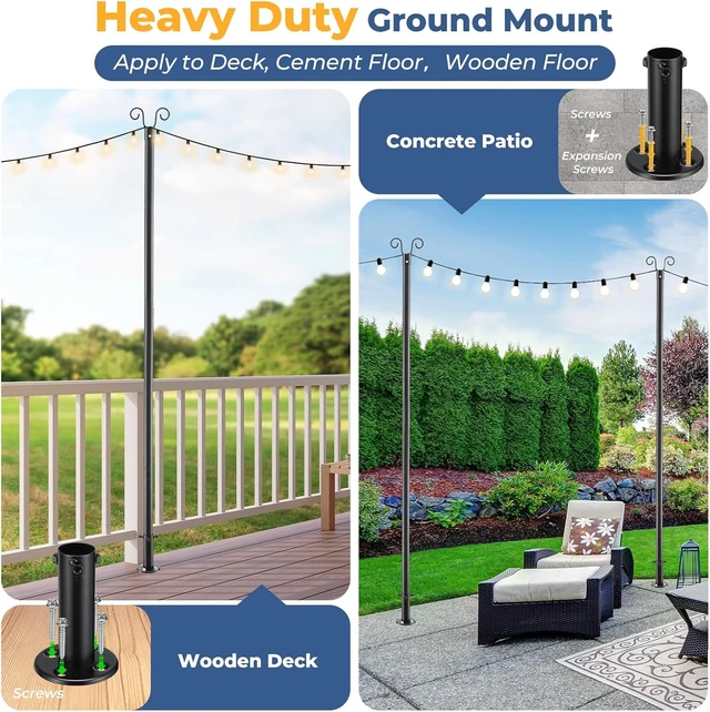 Alt view image 2 of 7 - 8 FT Heavy-Duty String Light Poles with Anchor Base & Mounting Bracket, Waterproof Patio Deck Pole for Garden & Wedding (2 Pack)