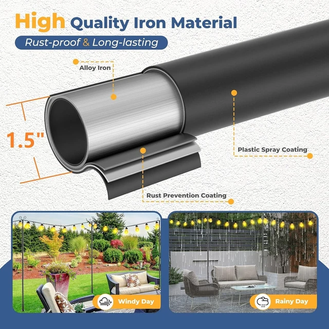 Alt view image 5 of 7 - 8 FT Heavy-Duty String Light Poles with Anchor Base & Mounting Bracket, Waterproof Patio Deck Pole for Garden & Wedding (2 Pack)