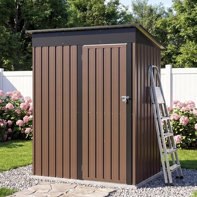 Alt view image 2 of 6 - 5 x 3 FT Galvanized Steel Outdoor Storage Shed with Lockable Door, Air Vent & Sloped Roof for Backyard, Patio & Garden, Brown