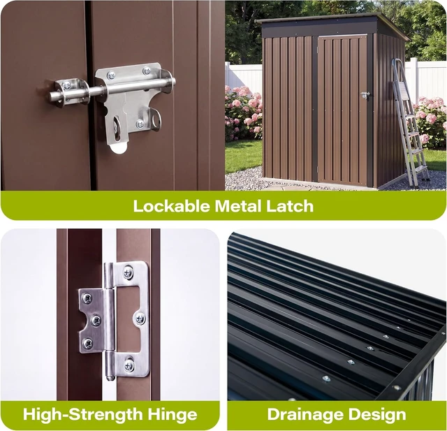 Alt view image 3 of 6 - 5 x 3 FT Galvanized Steel Outdoor Storage Shed with Lockable Door, Air Vent & Sloped Roof for Backyard, Patio & Garden, Brown