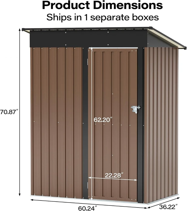 Alt view image 5 of 6 - 5 x 3 FT Galvanized Steel Outdoor Storage Shed with Lockable Door, Air Vent & Sloped Roof for Backyard, Patio & Garden, Brown