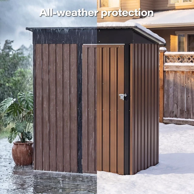 Alt view image 6 of 6 - 5 x 3 FT Galvanized Steel Outdoor Storage Shed with Lockable Door, Air Vent & Sloped Roof for Backyard, Patio & Garden, Brown