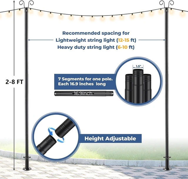 Alt view image 7 of 7 - 8 FT Heavy-Duty String Light Poles with Anchor Base & Mounting Bracket, Waterproof Patio Deck Pole for Garden & Wedding (2 Pack)