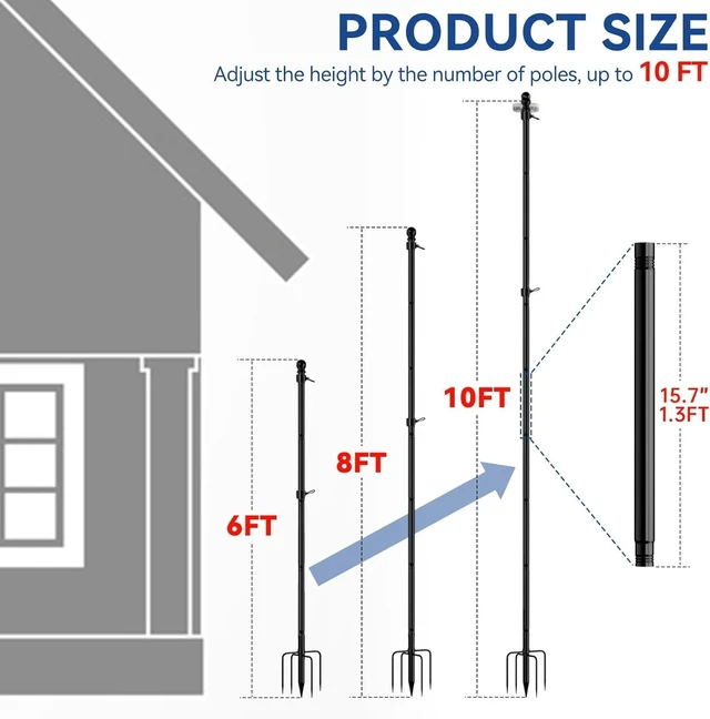 Alt view image 2 of 6 - 10 FT In-Ground Flag Pole with 5-Prong Base, Extra-Thick Heavy-Duty Kit for Yard, Garden & Residential/Commercial (1 Pack, without Flag)