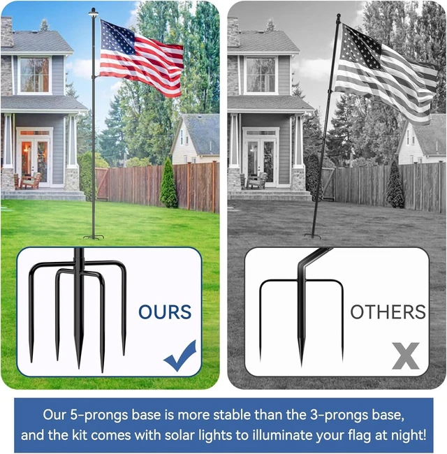 Alt view image 3 of 6 - 10 FT In-Ground Flag Pole with 5-Prong Base, Extra-Thick Heavy-Duty Kit for Yard, Garden & Residential/Commercial (1 Pack, without Flag)