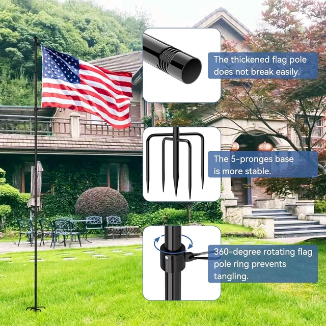 Alt view image 6 of 6 - 10 FT In-Ground Flag Pole with 5-Prong Base, Extra-Thick Heavy-Duty Kit for Yard, Garden & Residential/Commercial (1 Pack, without Flag)