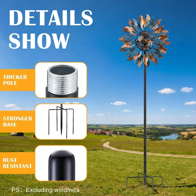 Alt view image 3 of 7 - Black 72" H Replacement Pole for Large Wind Spinner, Three-Part 22mm Thicker Tube, Easy Assembly (5 Prongs Base)