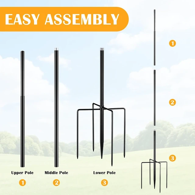Alt view image 5 of 7 - Black 72" H Replacement Pole for Large Wind Spinner, Three-Part 22mm Thicker Tube, Easy Assembly (5 Prongs Base)