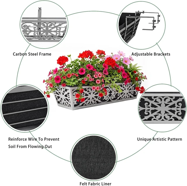 Alt view image 3 of 7 - 24-Inch Window Box Planters with Adjustable Brackets & Non-Woven Liner, Railing Flower Basket for Porch, Fence & Balcony, 2 Pack