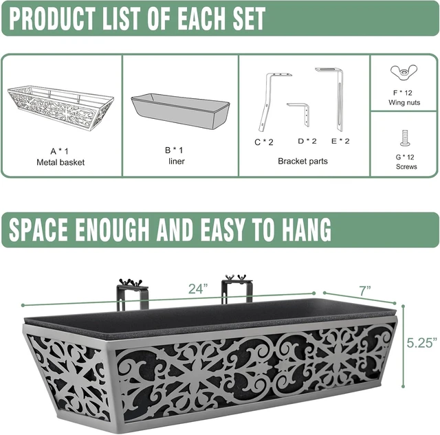 Alt view image 7 of 7 - 24-Inch Window Box Planters with Adjustable Brackets & Non-Woven Liner, Railing Flower Basket for Porch, Fence & Balcony, 2 Pack