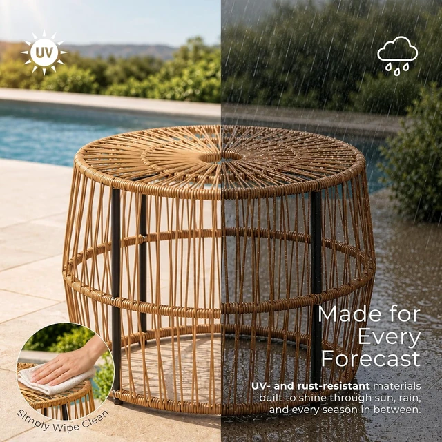 Alt view image 3 of 7 - Ysar Boho Rattan Round Outdoor Coffee Table with Metal Frame, All-Weather Rust-Resistant Coastal Furniture for Patio, Poolside & Garden, Black