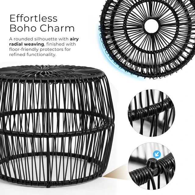 Alt view image 6 of 7 - Ysar Boho Rattan Round Outdoor Coffee Table with Metal Frame, All-Weather Rust-Resistant Coastal Furniture for Patio, Poolside & Garden, Black