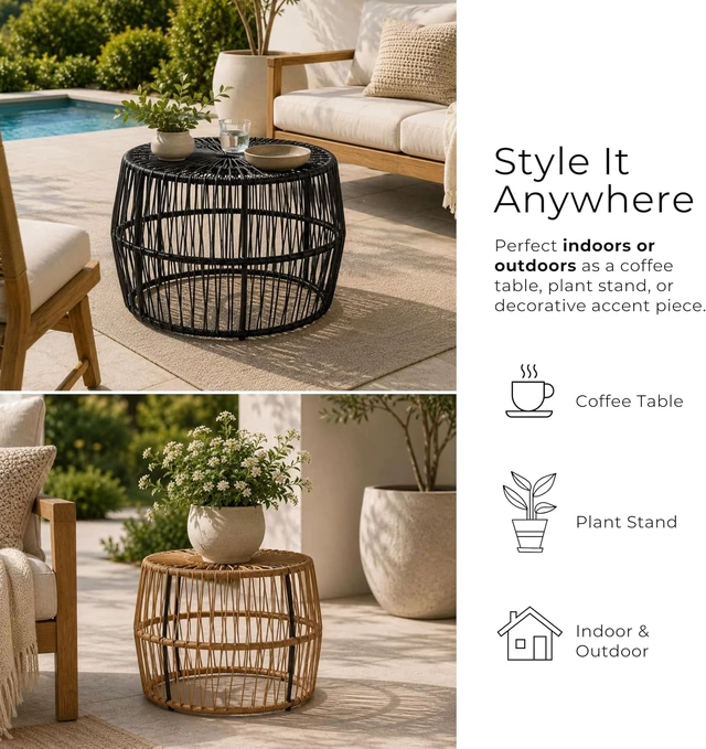 Alt view image 7 of 7 - Ysar Boho Rattan Round Outdoor Coffee Table with Metal Frame, All-Weather Rust-Resistant Coastal Furniture for Patio, Poolside & Garden, Black