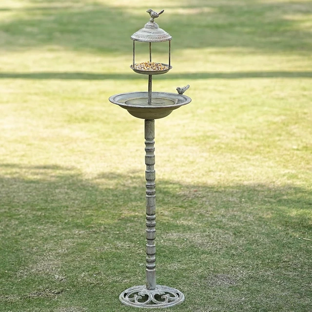 Alt view image 2 of 6 - 44.5" H 2-in-1 Metal Bird Bath & Standing Feeder, Garden Yard Decor