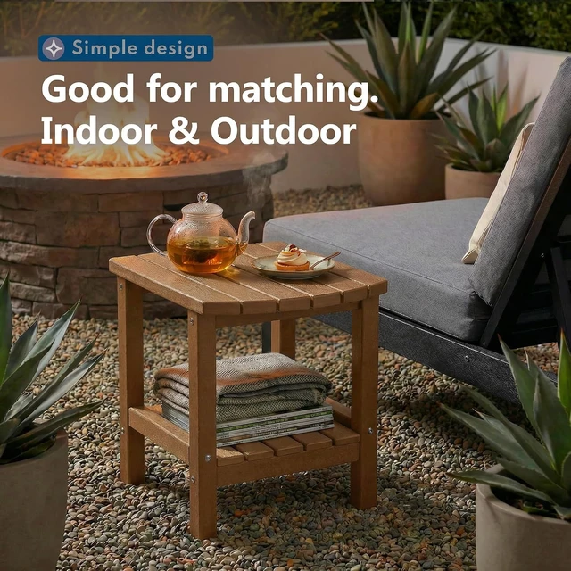 Alt view image 5 of 7 - Brown HDPE 2-Tier Outdoor Side Table, Weather-Resistant Oval Adirondack End Table for Patio, Backyard, Pool & Garden