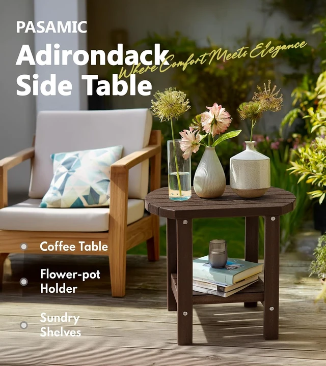 Alt view image 7 of 7 - Brown HDPE 2-Tier Outdoor Side Table, Weather-Resistant Oval Adirondack End Table for Patio, Backyard, Pool & Garden
