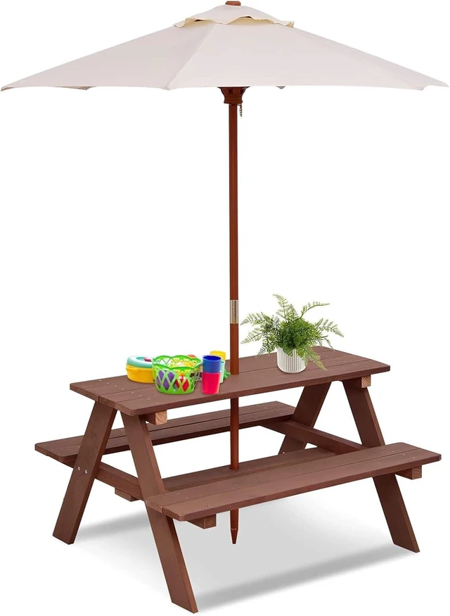 Main image of Walnut Kids Picnic Table with Removable Umbrella, Outdoor Wooden Bench Set for Patio & Garden, Toddler Gift for Boys & Girls