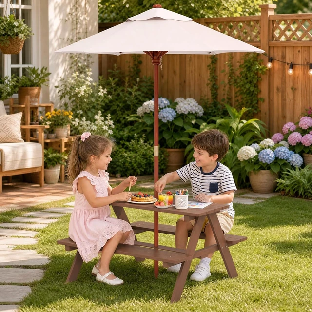 Alt view image 3 of 7 - Walnut Kids Picnic Table with Removable Umbrella, Outdoor Wooden Bench Set for Patio & Garden, Toddler Gift for Boys & Girls