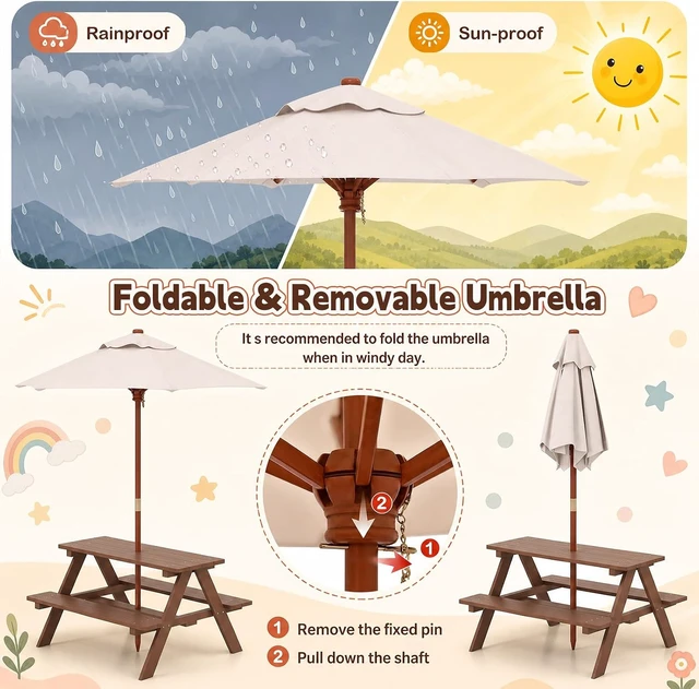 Alt view image 2 of 7 - Walnut Kids Picnic Table with Removable Umbrella, Outdoor Wooden Bench Set for Patio & Garden, Toddler Gift for Boys & Girls