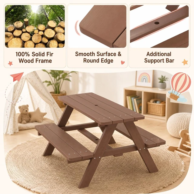 Alt view image 5 of 7 - Walnut Kids Picnic Table with Removable Umbrella, Outdoor Wooden Bench Set for Patio & Garden, Toddler Gift for Boys & Girls