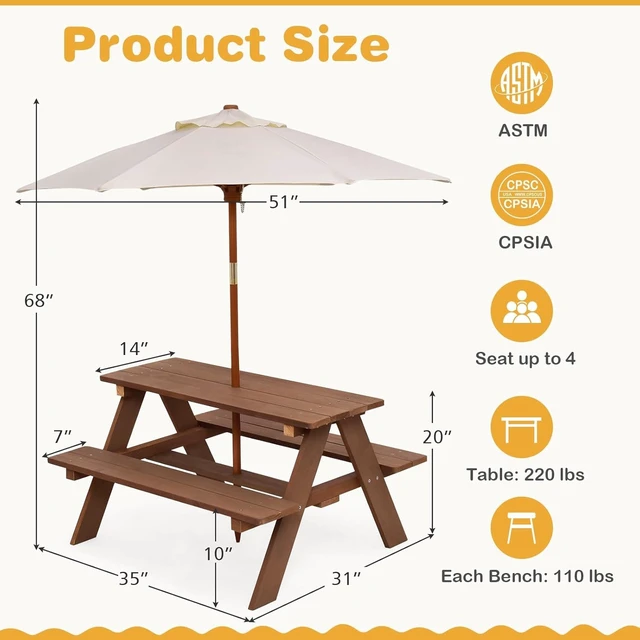 Alt view image 6 of 7 - Walnut Kids Picnic Table with Removable Umbrella, Outdoor Wooden Bench Set for Patio & Garden, Toddler Gift for Boys & Girls