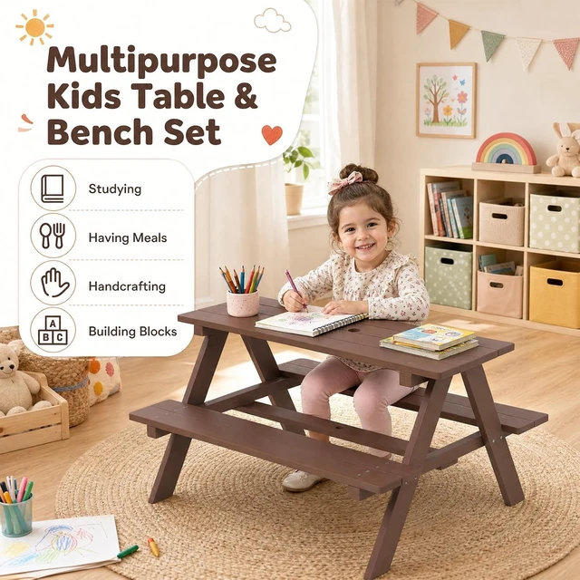 Alt view image 4 of 7 - Walnut Kids Picnic Table with Removable Umbrella, Outdoor Wooden Bench Set for Patio & Garden, Toddler Gift for Boys & Girls