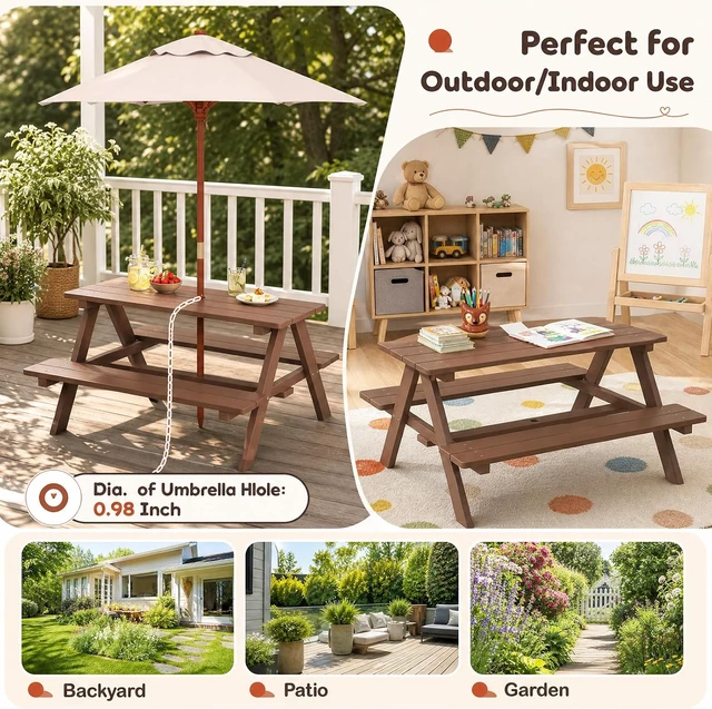Alt view image 7 of 7 - Walnut Kids Picnic Table with Removable Umbrella, Outdoor Wooden Bench Set for Patio & Garden, Toddler Gift for Boys & Girls