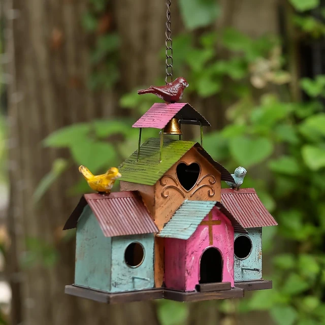 Alt view image 2 of 7 - Large 4-Hole Colorful Metal Bird House with Bell, Easy-Clean Hanging Outdoor Birdhouse