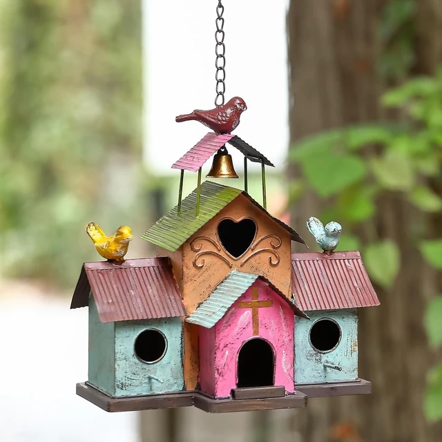 Main image of Large 4-Hole Colorful Metal Bird House with Bell, Easy-Clean Hanging Outdoor Birdhouse
