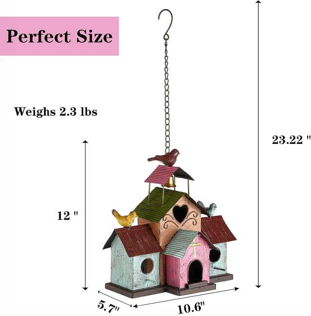 Alt view image 4 of 7 - Large 4-Hole Colorful Metal Bird House with Bell, Easy-Clean Hanging Outdoor Birdhouse