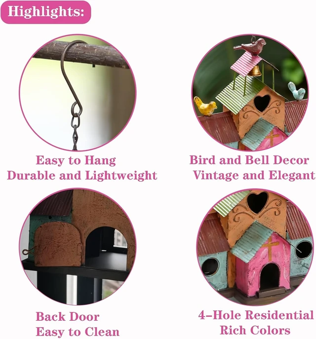 Alt view image 3 of 7 - Large 4-Hole Colorful Metal Bird House with Bell, Easy-Clean Hanging Outdoor Birdhouse
