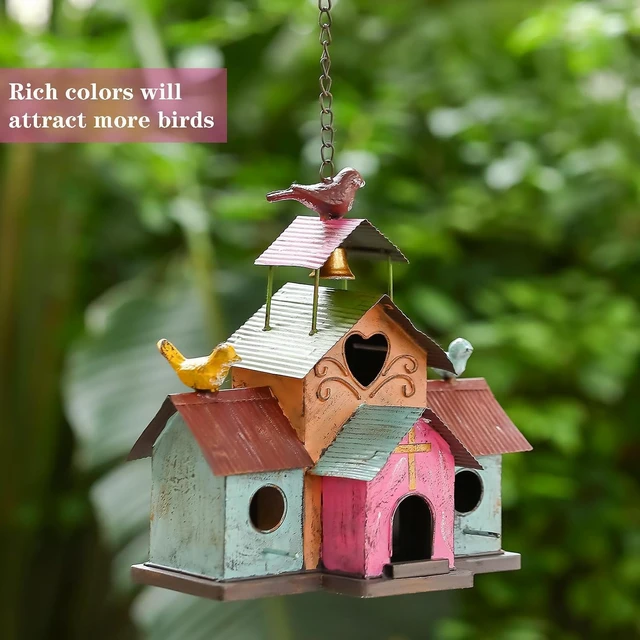 Alt view image 5 of 7 - Large 4-Hole Colorful Metal Bird House with Bell, Easy-Clean Hanging Outdoor Birdhouse