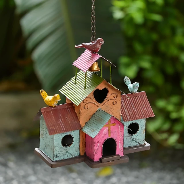 Alt view image 7 of 7 - Large 4-Hole Colorful Metal Bird House with Bell, Easy-Clean Hanging Outdoor Birdhouse