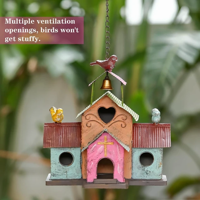 Alt view image 6 of 7 - Large 4-Hole Colorful Metal Bird House with Bell, Easy-Clean Hanging Outdoor Birdhouse
