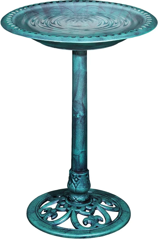 Main image of 28" Vintage Bronze Polyresin Pedestal Bird Bath, Lightweight Antique Outdoor Decor, Green