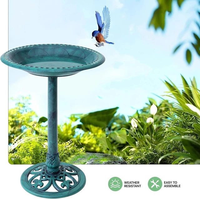 Alt view image 3 of 7 - 28" Vintage Bronze Polyresin Pedestal Bird Bath, Lightweight Antique Outdoor Decor, Green