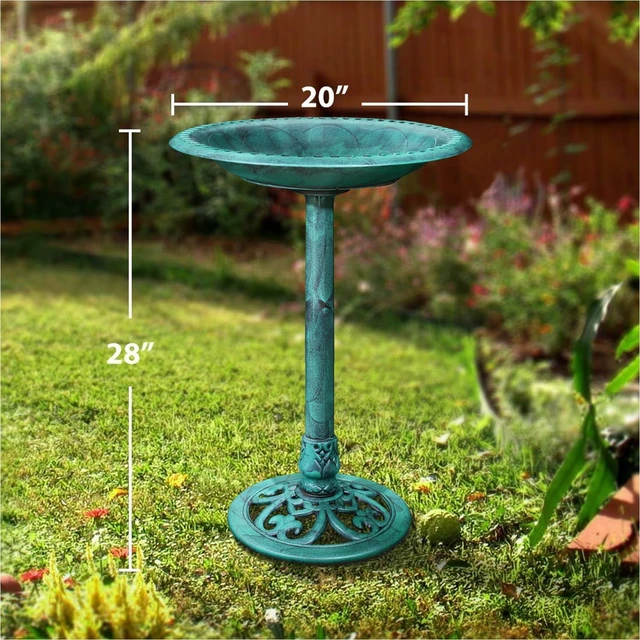 Alt view image 2 of 7 - 28" Vintage Bronze Polyresin Pedestal Bird Bath, Lightweight Antique Outdoor Decor, Green