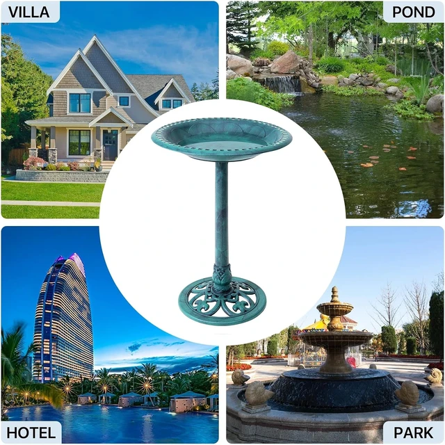 Alt view image 7 of 7 - 28" Vintage Bronze Polyresin Pedestal Bird Bath, Lightweight Antique Outdoor Decor, Green