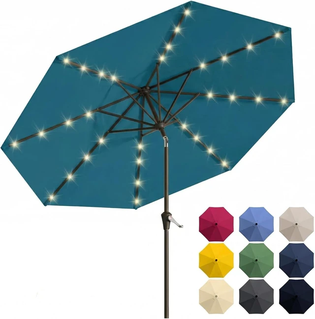 Main image of 10FT Solar Patio Umbrella with 32 LED Lights, 8 Sturdy Ribs, Push-Button Tilt & Crank, UV-Resistant for Pool, Deck & Garden