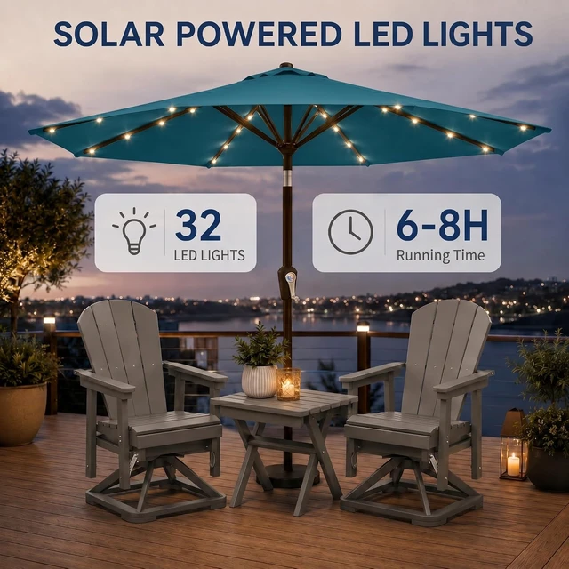 Alt view image 3 of 7 - 10FT Solar Patio Umbrella with 32 LED Lights, 8 Sturdy Ribs, Push-Button Tilt & Crank, UV-Resistant for Pool, Deck & Garden