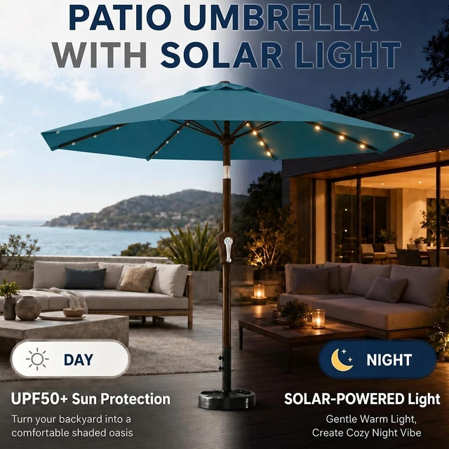 Alt view image 2 of 7 - 10FT Solar Patio Umbrella with 32 LED Lights, 8 Sturdy Ribs, Push-Button Tilt & Crank, UV-Resistant for Pool, Deck & Garden