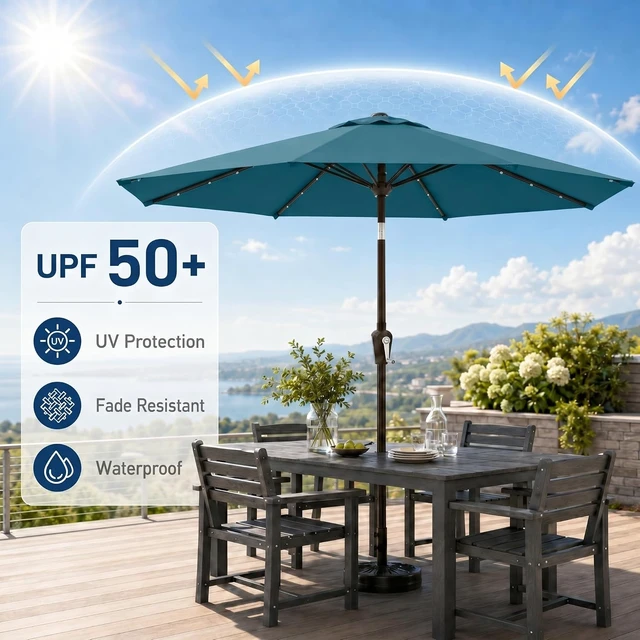 Alt view image 4 of 7 - 10FT Solar Patio Umbrella with 32 LED Lights, 8 Sturdy Ribs, Push-Button Tilt & Crank, UV-Resistant for Pool, Deck & Garden